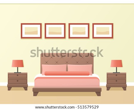Hotel room or bedroom interior in flat style. Vector illustration.