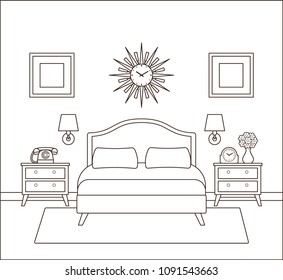 Hotel room. Bedroom interior. Vector. Outline retro home space in line art flat design. House modern illustration. Vintage apartment with bed. Linear background. Black white sketch 1960s - 1970s.