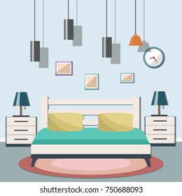 Hotel room or bedroom. Vector flat illustration