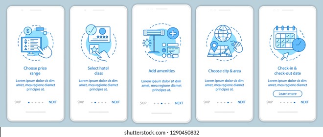 Hotel room booking onboarding mobile app page screen vector template. Choosing price, amenities, city, date. Hostel, motel reservation. Walkthrough website steps. UX, UI, GUI smartphone interface