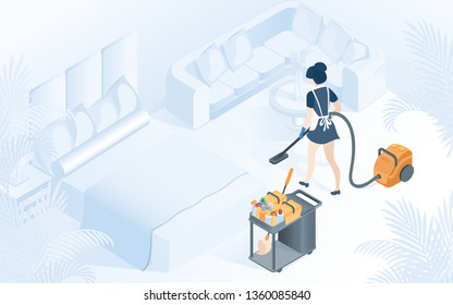 Hotel Room Cleaning Service. Maid In Uniform Vacuuming Carpet In Hotel Apartment With Bed, Table, Sofa Vector Isometric Illustration. Woman Professional Staff With Janitor Cart Cleaning Supplies