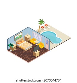 Hotel room with connecting door to swimming pool 3d isometric vector illustration concept for banner, website, landing page, ads, flyer template