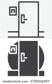 Puerta de la habitación del hotel con la manija en diversa línea del estilo y sistema sólido del icono. Esquema y símbolo de Vector sólido y símbolo, trazo editable. Icono de pictograma de acceso de seguridad para interfaz de usuario e impresión.