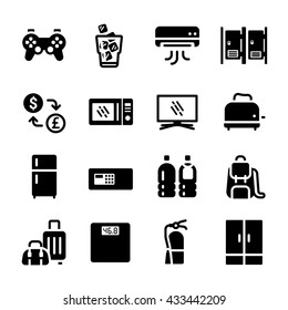 Hotel Room Facilities Amenities Vector Icon Set. Include Luggage, TV, Microwave, Exchange, Air Con, Safe, Game, Ice