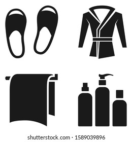 Hotel Room Facilities bathrobe, slippers, towel, toiletries flat simple icon isolated on white background. In Bathroom equipment bathrobe, slippers, towel, toiletries. Vector illustration