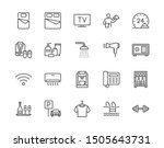 Hotel room facilities flat line icons set. Double bed, reception, room service, bathrobe, slippers, safe, minibar vector illustrations. Outline signs for motel. Pixel perfect. Editable Strokes.