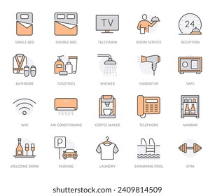 Instalaciones de habitaciones del hotel juego de iconos de línea plana. Cama doble, recepción, servicio de habitaciones, albornoz, zapatillas, caja fuerte, minibar con ilustraciones vectoriales. Señales de contorno para motel. Color naranja. Estroques editables