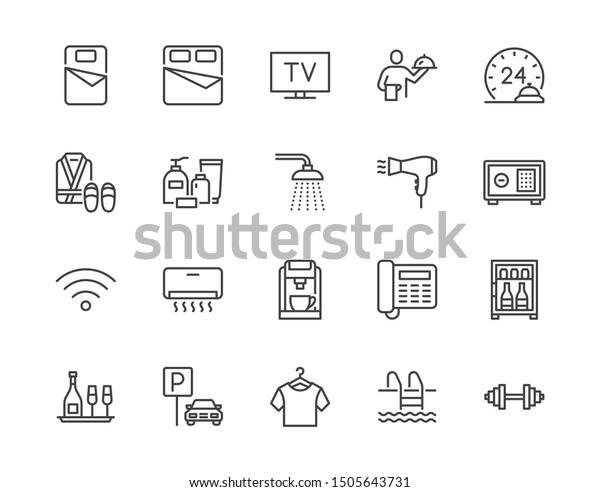 Hotel room facilities flat line icons set.\
Double bed, reception, room service, bathrobe, slippers, safe,\
minibar vector illustrations. Outline signs for motel. Pixel\
perfect. Editable\
Strokes.