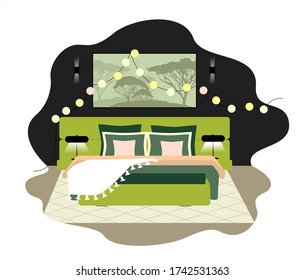 Hotel room flat interior. Bedroom house design with bed. Vector illustration with appple-green furniture. Black wall home background. Light cover, pillows, picture and lamps lights.