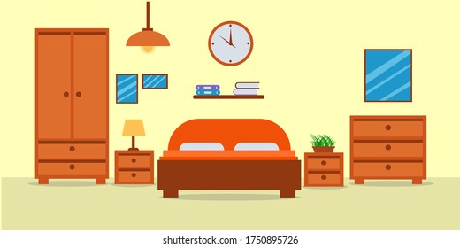 Hotel room flat interior. Bedroom house design with bed. Vector illustration with furniture. Home background
