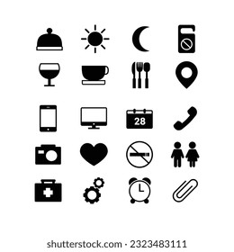 hotel room icon collection, location, phone, cup,moon, heart, file attach, setting, bag,tv, lcd, camera, spoon, sun, mobile