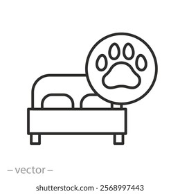 hotel room icon, pets allowed in the room, hotel information sign, bed with paw print, vector illustration, for website, app, ui