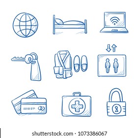 Hotel and room icon set with credit cards, lock, wifi, elevator, key, bed, bathrobe, calendar and first aid kit. Hand drawn line art cartoon vector illustration.