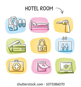 Hotel and room icon set with credit cards, lock, wifi, elevator, key, bed, bathrobe, calendar and first aid kit. Hand drawn cartoon sketch vector illustration, marker style coloring on tiles.