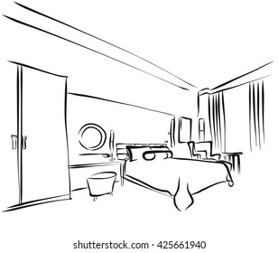 Hotel Room Interieur Coloring Page, Hand Drawn Outline Sketch, 