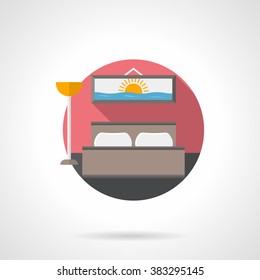 Hotel room interior. Bed with two pillows, floor lamp and picture on a pink wall. Travel concept. Single detailed flat color style vector icon. Web design elements for business, site, mobile app. 