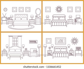 Hotel Room Interior. Bedroom With Beds. Vector. Outline Flat Design Illustration. Retro House Furniture. Home Space Sketch In Line Art. Set Vintage Background. Linear Apartment 1960s. Coloring Page.
