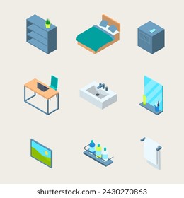 Hotel Room Interior Element Set 3d Isometric View Style Include of Bed, Table and Shelf. Vector illustration