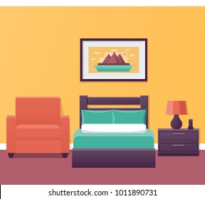 Hotel room interior in flat style. Bedroom house design with bed and armchair. Vector illustration. Single room in inn. Home background with furniture.