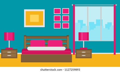 Hotel room interior in flat style. Vector illustration.