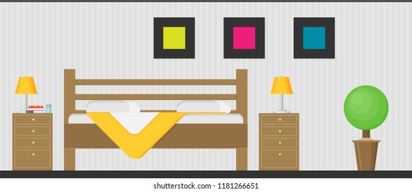 Hotel room interior in flat style. Vector illustration.