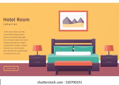 Hotel Room Interior In Flat Style. Bedroom Design. Banner. Background. Vector Illustration.