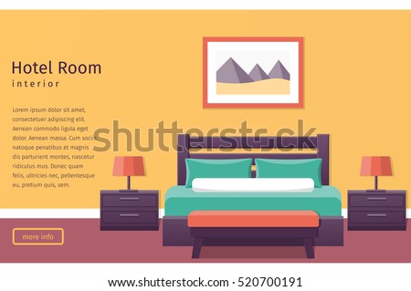 Hotel room interior in flat style. Bedroom design. Banner. Background. Vector illustration.