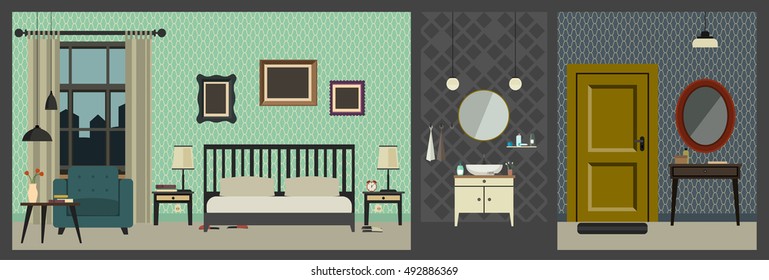 Hotel room interior with furniture in flat style. Vector apartment interior with hall, bathroom and bedroom.