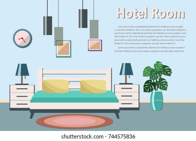 Hotel room interior with a furniture. Flat design vector illustration