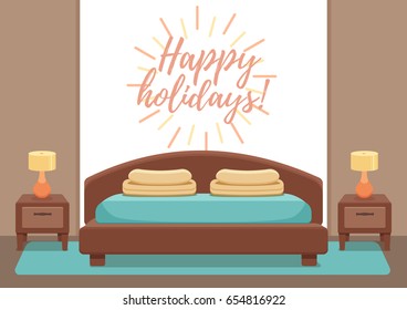Hotel room interior vector. Colorful illustration of bedroom apartment furniture: bed, bedside table, lamp. Concept for web site design or advertisement.  Isolated on White background
