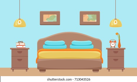 Hotel room interior vector. Colorful illustration of bedroom apartment furniture: bed, bedside table, lamp. Concept for web site design or advertisement. Isolated on White background