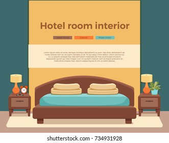 Hotel room interior vector. Colorful illustration of bedroom apartment furniture: bed, bedside table, lamp. Concept for web site design or advertisement.  Isolated on White background