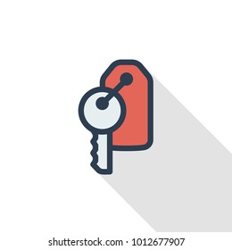 Hotel room key thin line flat color icon. Linear vector illustration. Pictogram isolated on white background. Colorful long shadow design.