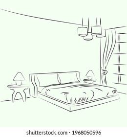 Hotel Room King Size Bed with line art or outline sketch style. Stroke design vector illustration.