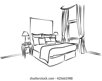 Hotel Room King Size Bed, Interieur Coloring Page, Hand Drawn Outline Sketch, 