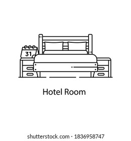 Hotel room, line icon of master bedroom 