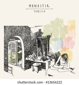 Hotel room in Monastir, Tunisia, Northern Africa. Girl sitting, drawing or writing. Authentic Arabic interior in ethnic style. Touristic poster, postcard or book illustration in vector
