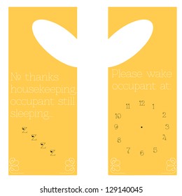 Hotel room privacy hangers, front and back with blank clockface for wakeup time