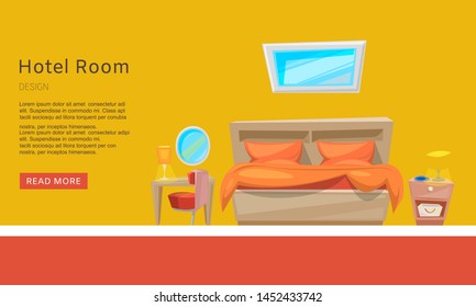 Hotel room reservation, apartment booking vector web tempate. Presentation, website. Room amenities. Hotel room cartoon illustration