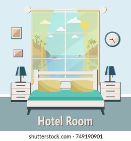 Hotel room with a sea view. Vector flat illustration