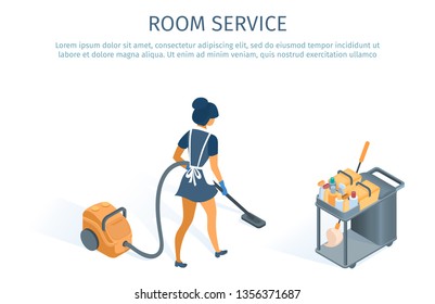 Hotel Room Service Concept with Cleaning Trolley and Maid in Uniform with Apron Vacuuming. Woman Cleaner Chambermaid Professional Staff with Janitor Cart Cleaning Supplies Vector Illustration