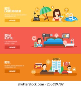 Hotel Room Service Horizontal Banner Flat Set Isolated Vector Illustration