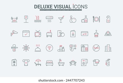 Hotel room service and hospitality line icons set. Resort beach pool and bar, car parking and travel map, hotel bed, restaurant tourism thin black and red outline symbols, vector illustration