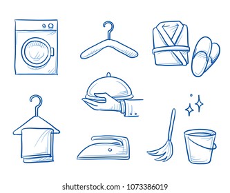 Hotel-Zimmerservice-Icon Set, mit Waschmaschine, Waschmaschine, Bügeleisen, Kleiderbügel, Bademantel, Catering-Service, Eimer. Handgezeichnete Linie Art Cartoon Vektorgrafik.