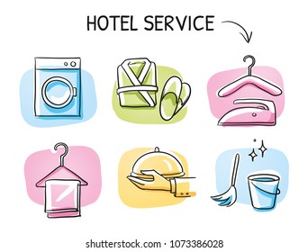 Hotel room service icon set, with laundry, washing mashine, iron, coat hanger, bathrobe, catering service, cleaning bucket. Hand drawn cartoon sketch vector illustration, marker  coloring on tiles