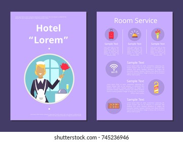 Hotel room service information with cleaning woman, red suitcase, golden bell, flowers in vase, wifi icon, door tag and shelves vector illustrations.