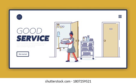 Hotel room service landing page template with chambermaid holding clean towels in corridor with cleaning trolley. Hotel staff concept. Cartoon linear vector illustration