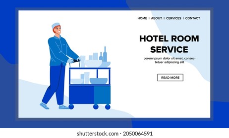 Servicio De Habitaciones En El Hotel: Un Hombre Lleva Comida Y Vector De Bebidas. Trabajador Del Servicio De Habitaciones Del Hotel Con Uniforme Profesional Que Lleva Nutrición Y Bebida Al Apartamento Visitante. Ilustración de caricaturas planas en la web de caracteres