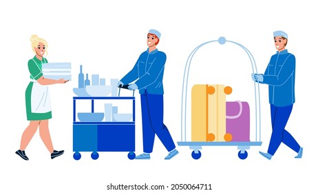 Hotel Room Service Service Client Set Vector. Mujer Casera Llevando Lino, Hombre Llevando Comida Y Equipaje En Carrito A Apartamento. Caracteres Motel Workers Flat Cartoon Illustrations