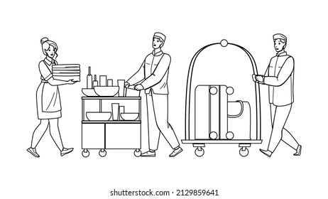 Hotel Room Service Servicing Client Set Black Line Pencil Drawing Vector. Woman Housemaid Carrying Linen, Man Carry Food And Luggage on Cart To Apartment. Characters Motel Workers Illustration